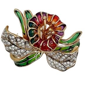 Vintage Joan Rivers Plique-A-Jour Crystal Stained Glass Orchid  Flower Brooch